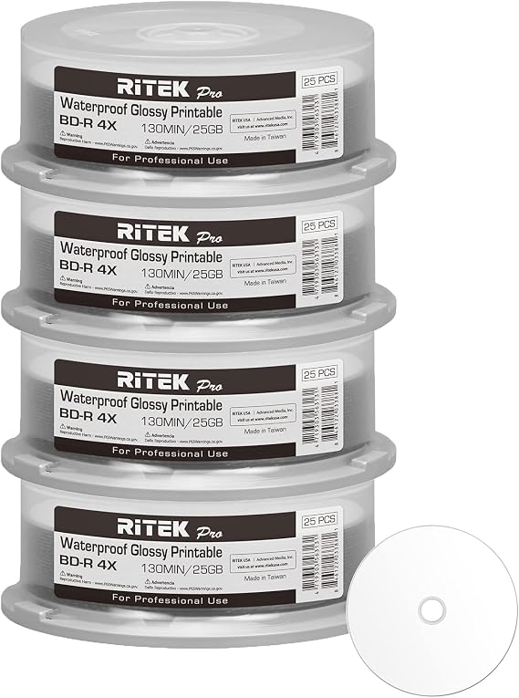 100 Pack Ritek Pro (Professional Grade) BD-R Blu-ray 4X 25GB Watershield Water Resistant Glossy White Inkjet Hub Printable Blank Recordable Disc