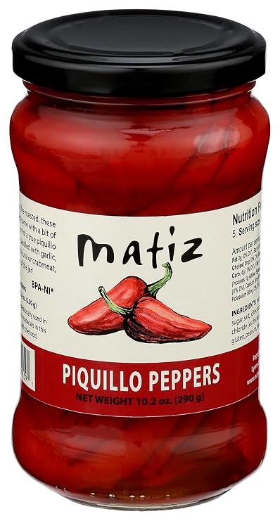 Matiz Piquillo Peppers | 10.2 oz Jar | Whole Sweet Spanish Peppers, Fire-Roasted and Hand-Picked | Perfect Paella Ingredient |