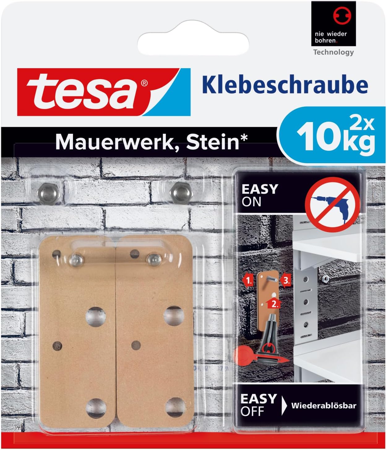 Tesa Adhesive Screw for Masonry and Stone, Holding Capacity 10 kg, Pack of 2, 77908-00000-00