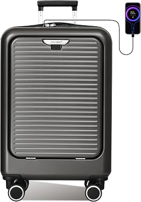 FOCHIER Carry On Luggage 22x14x9 Airline Approved with Front Compartment & USB Port, Hard Shell TSA Approved Carry On Suitcase with Spinner Wheels, Grey