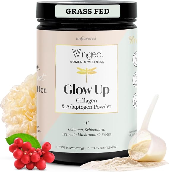 Winged Wellness Glow Up, Collagen Powder for Women - Hair, Skin & Nails Beauty Supplement with Grass-Fed Hydrolyzed Collagen Peptides Adaptogens, Vitamin C & Biotin - 25 Servings, Unflavored