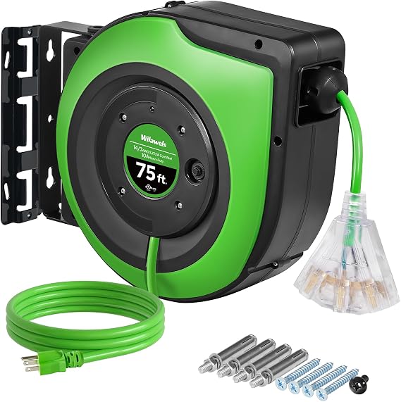 Retractable Cord Reel, 75 FT Heavy Duty Extension Cord, 14AWG/3C SJTOW, 3 Grounded Outlets Lighted Triple Tap, 10A Circuit Breaker, Wall/Ceiling Mounted, UL Listed, Green J75CR06
