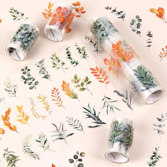 3 Rolls Clear Plants Leaves Waterproof Stickers, Pre-Cut Vintage Leaf Stickers for Art Journaling Planners Scrapbook Laptops DIY Album Decoration
