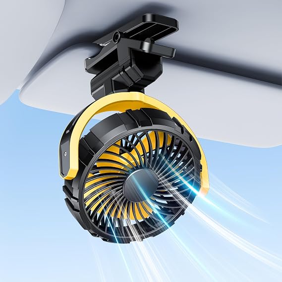 Battery Powered Fan for Car Visor Back Seat Roof Handle (Yellow)