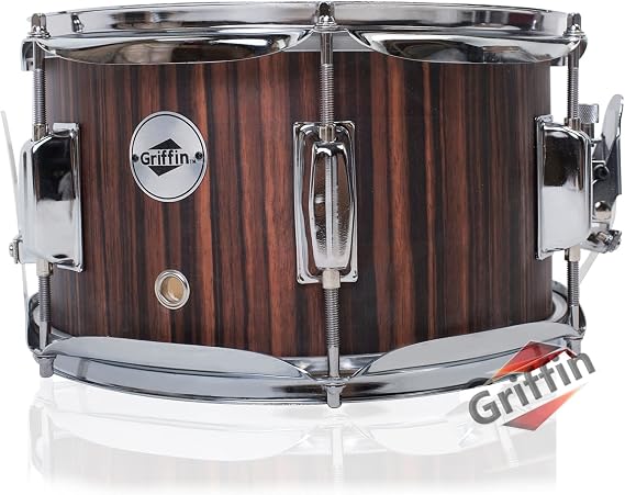 GRIFFIN Snare Drum 10"x6" Poplar Wood Shell (PopcornPUNCH Edition) Mini Snare with Black Hickory PVC, Throw Off, Drum Key & Coated Head