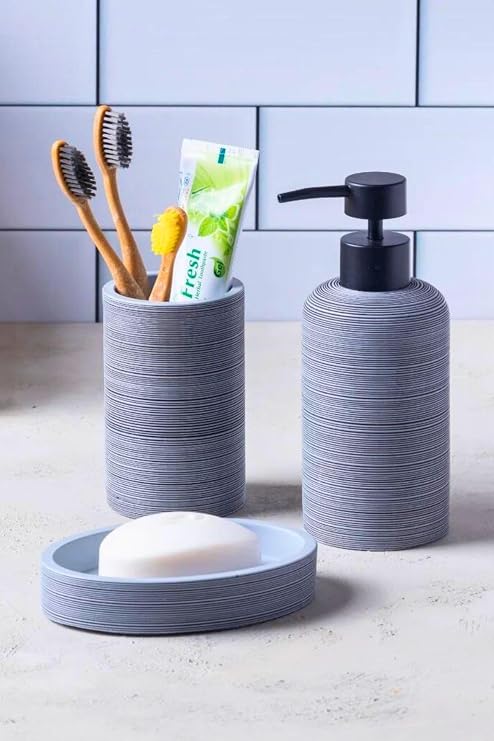Çizgi Desenli 3'lü Banyo Aksesuar Seti - Sabunluk, Losyonluk, Diş Fırçalık Şık Ve Modern Tasarım Sıvı Sabunluk Seti