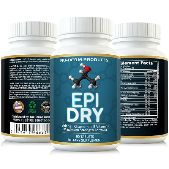 Nuderm Epi Dry HYPERHIDROSIS Treatment Pills Stop Sweating, Sweaty Hands Sweaty Feet Night Sweats Stress Sweat Sweaty Underarms Naturally Proven Antiperspirant Vitamins Treats Hyperhidrosis