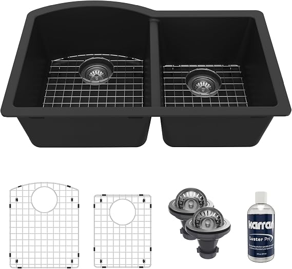 Karran QU-610 32 Inch Undermount Quartz Composite Kitchen Sink, 60/40 Double Bowl Granite Composite Sink Kit with Bottom Grids, Basket Strainers & Cleaning Oil (Black)