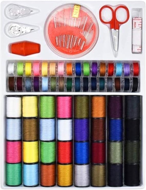 100pcs Sewing Thread Tools Kit - 64 Rolls Machine Thread Spools, 30pcs Needles, Scissors, Thimble, Threader, Tape Measure & Bobbins (Multi-Color)