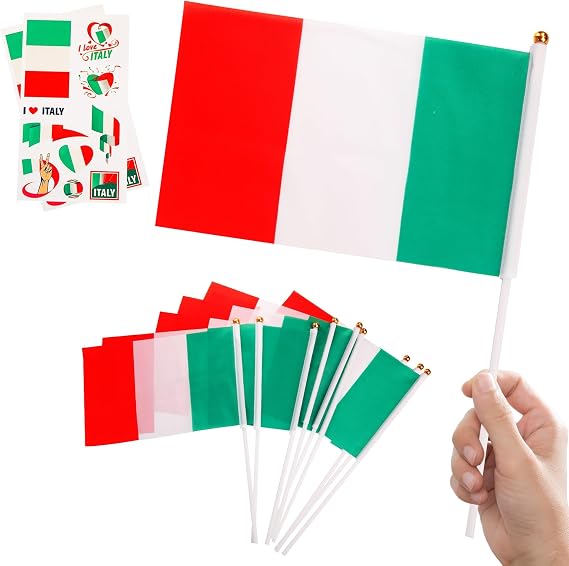 Italy Flags on Sticks 10pcs Double-Sided Polyester Italian Hand Held Flags, small Italy Flag for Italian Decorations, Six Nations Rugby, Indoor or Outdoor Euro/World Cup Football Party