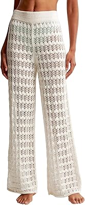 Saodimallsu Womens Crochet Cover Up Pants Sheer Mesh High Waist Sexy Casual Knit Summer Swimsuit Coverup Beach Pants
