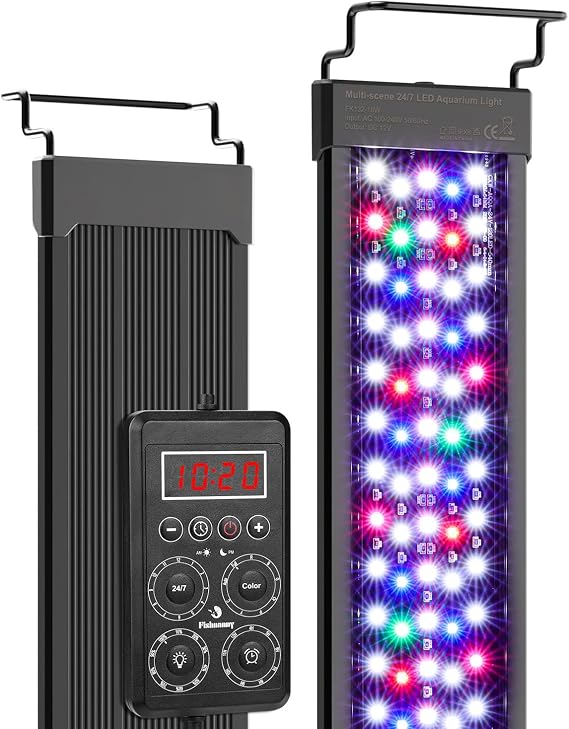 Fish Tank Light, 24/7 Mode Aquarium Light with One-Touch Calibrate Local Time, IP68-Waterproof RGB Full Spectrum Led Grow Lights with 9 Colors DIY, 9 Timer, 10 Brightness, Memory Function [Energy Class E]