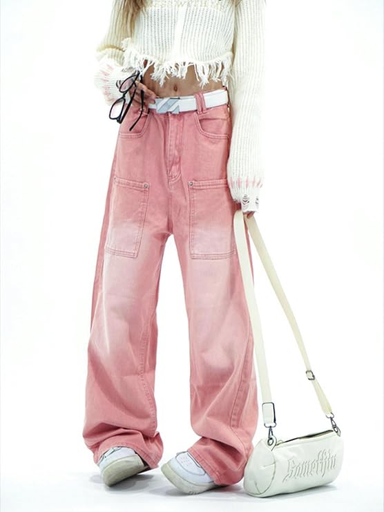 Amerikanischer Streetwear-Stil hohe Taille gerade Jeans modische Harajuku-Jeans für Damen Baggy Y2K weites Bein lockere Denim-Hose Rosa S