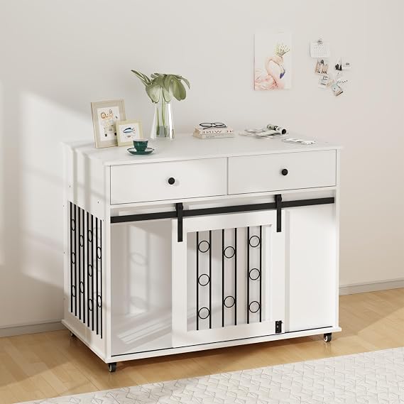 39.37'' Modern Wooden Dog Crate Furniture with Double Drawers and Sliding Barn Door, Decorative Pet Kennel End Table with Lockable Wheels, Stylish Dog Cage for Small to Medium Dogs White