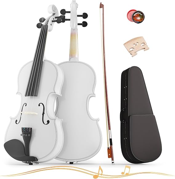 Violin 4/4 Full Size Kit, Beginner Violin for Adults, Complete Full Size Violins with Portable Case, Bow, Rosin, White Finish