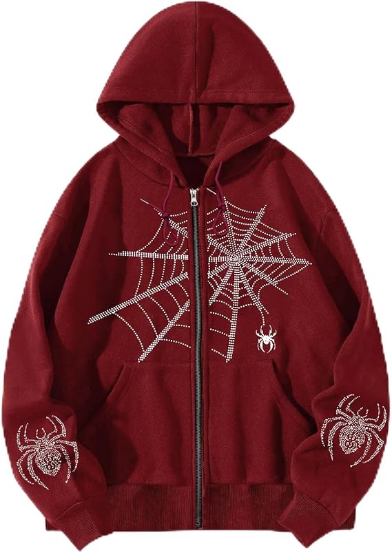 CUTEGAL Vintage Zip Up Jacket Spider Graphic Hoodie Baggy Jacket Y2K Oversized Zipper Hoodie Grunge Streetwear Unisex