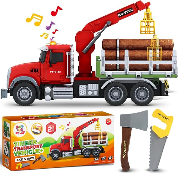 Timber Log Truck Toy with Crane, Lights & Sounds, Logs, Farm Animals, 15"