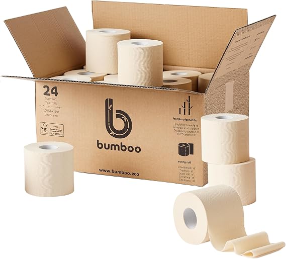 Bumboo Bamboo Toilet Roll 24 Pack | Unbleached Toilet Paper 3 ply, 300 Sheets | Eco Toilet Rolls | Plastic-Free, Soft, Strong & Sustainable Toilet Tissue, Beige