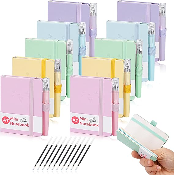 10 Pcs Pocket Notebook, Small Notebooks Pocket Size, A7 Notebook with Pen, Small Notepad with Elastic Band, Mini Leather Notebooks for School,Office,Memos,Journal,Travel