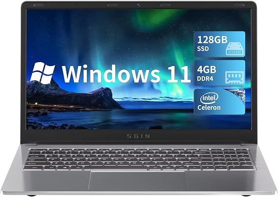 SGIN Laptop 15.6 Inch, 4GB DDR4 128GB SSD Laptops with Intel Celeron N4020C(up to 2.8 GHz), Intel UHD Graphics 600, Mini HDMI, WiFi, Webcam, USB3.0, Bluetooth 4.2, 512GB ROM 16GB RAM