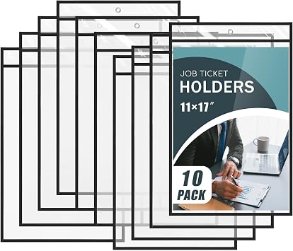 Feifeiya 10 Pack 11 x 17 Inch Job Ticket Holders, Dry Erase Pockets, Clear Paper Sleeves, Shop Ticket Holders, Writable and Erasable Document Cover, Transparent Pocket CoverBlack