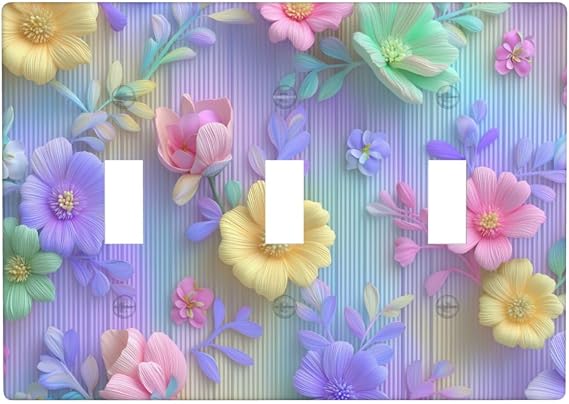 Cute Pastel Rainbow Striped Floral Light Switch Covers 3 Gang Triple Toggle Wall Plate Switchplate Electrical Faceplate For Bathroom Kitchen Bedroom Decor