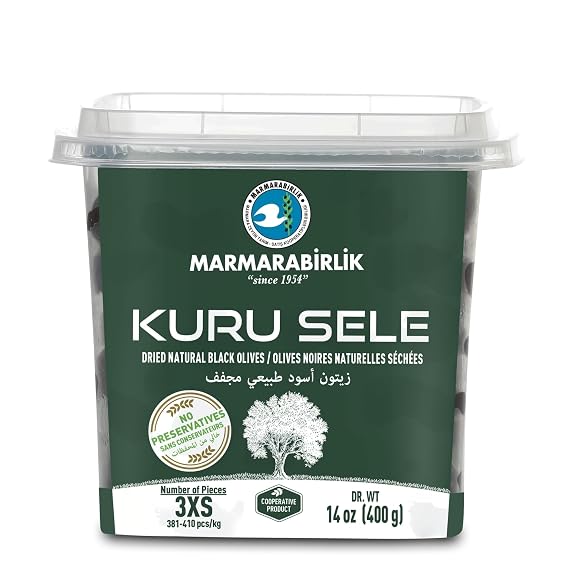 Marmarabirlik Turkish Black Olives, Dry Cured, Healthy Snacks, 14oz | Natural Mediterranean Pickled Olive for Salads, Mezze & Fresh Food Platters, Vegan, Kosher, Halal, Snack Packs, 3XSmall