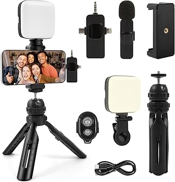 Vlogging Kit for iPhone, Android with Tripod, Wireless Lavalier Microphone, Selfie Light, YouTube Starter kit Content Creator Equipment with for Video Conference, Vlogging, YouTube, TikTok