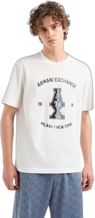 Armani Exchange Men's Large Central Stacked Ax Logo with Armani Exchange Milano New York Text Surrounding Regular Fit Tee