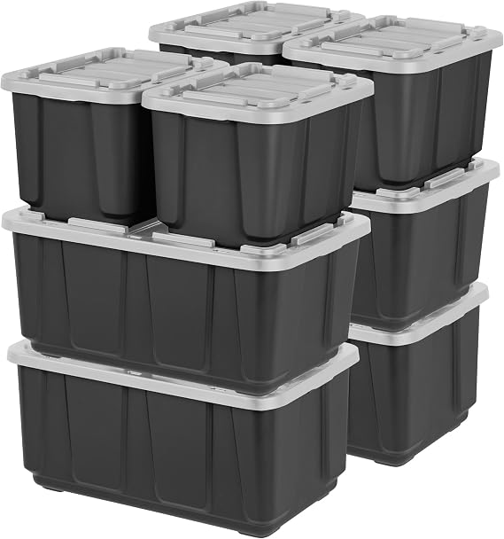 IRIS USA 12 Gallon (4 Pack) + 27 Gallon (4 Pack) Heavy Duty Storage Bins with Lids, Snap On Lid Stackable Industrial Totes, Rugged Tubs, Garage Organization, Reusable - Total 8 Units - Black/Gray