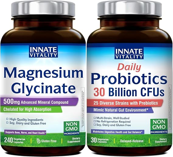 Innate Vitality Daily Wellness Bundle: High Absorption Magnesium Glycinate 500mg + 30 Billion CFU Probiotics with Prebiotics Support for Nerve, Bone, Heart & Digestive Health Non-GMO, Vegan, 270 C