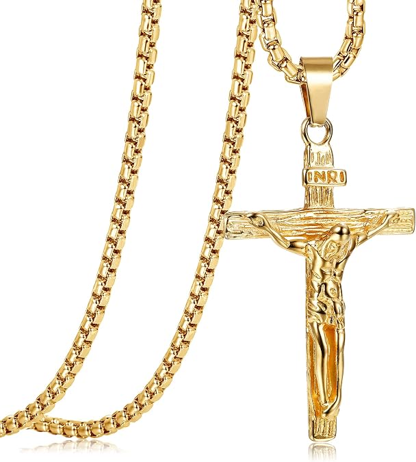 JeweBella Cross Necklace Men's Stainless Steel Jesus Crucifix Pendant Necklace with Venetian Chain 24 Inch Silver/Gold/Black Religious Jewelry Gift