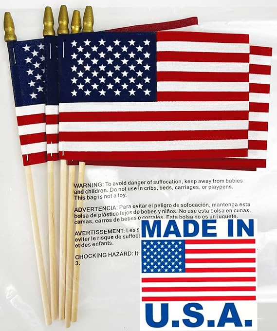 GIFTEXPRESS Pack of 24, Made in USA 12x18 Inch US Stick Flags With Spear Tip, Handheld American Flags, Grave Marker for Cemetery on 30" Dowel With 2" Gold Tip