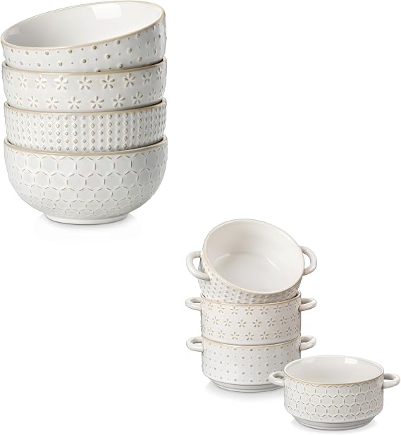 MALACASA Cereal Bowls, 30 Ounce Ceramic Soup Bowl for Kitchen, Stoneware Bowls Set of 4, and 20 oz Ceramic Soup Bowls with Handles, Set of 4 Oven & Microwave Safe, Series LYDIA