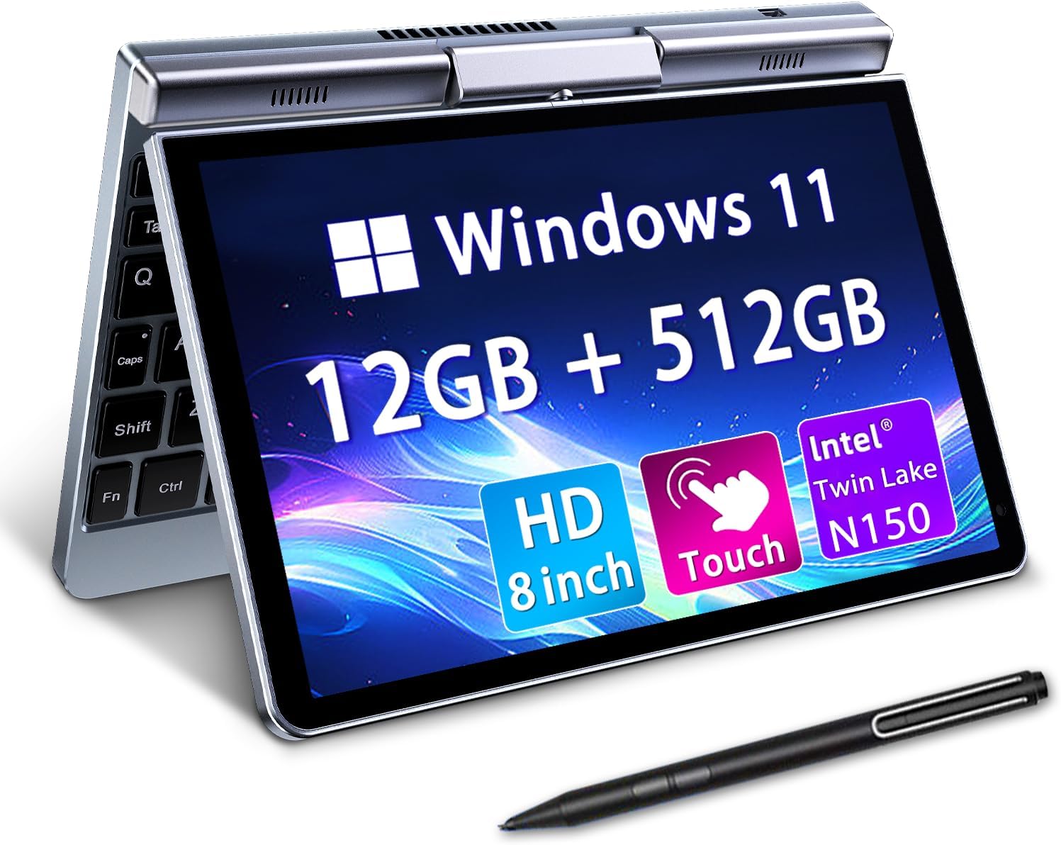8 Inch Small Mini Laptop Portable Rotating 2-in-1 Pocket PC Windows 11 Pro Intel N100 4-Core 12GB LPDDR5 RAM 1TB M.2 SSD HD Touchscreen WiFi 6 Gigabit Ethernet