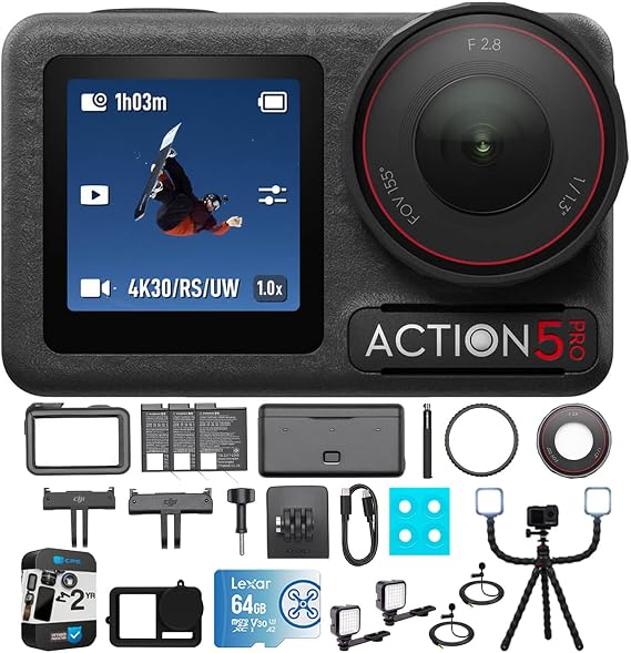 DJI Osmo Action 5 Pro Adventure Combo, 4K Video Bundle with Vlog Tripod, 64GB Card, Silicone Protective Case, 2 LED Lights, 2 Clip-on Mini Lapel Microphones, 2 YR CPS Enhanced Protection Packs