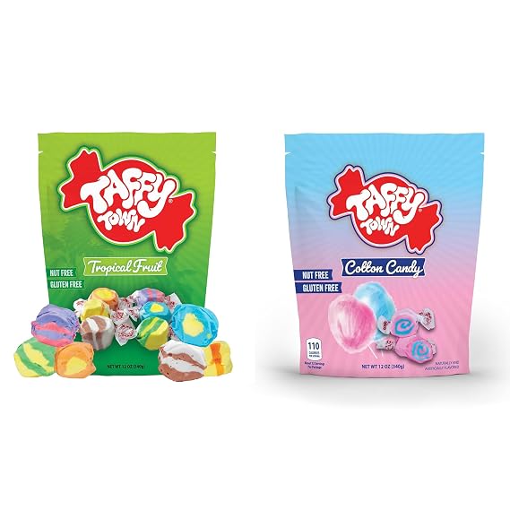Taffy Town Saltwater Taffy Bundle Cotton Candy & Tropical Mix | Gourmet Nougat-Style Candy | Soft & Delicious | Summer Snack Treats | Party Favors | 2 Bags (12 oz Each)