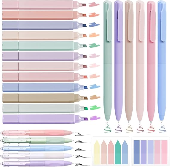 25 PCS Stationery Supplies with 12 Aesthetic Highlighters, 6 Colour Gel Pens, 5 Black Gel Pens, 2 Sticky Notes, Essentials Stationary Set for Note-Taking and Creative Writing