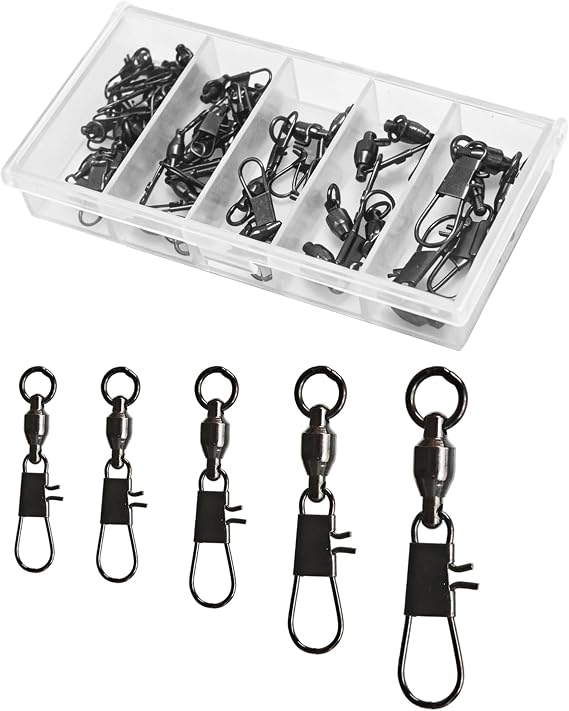 Hlotmeky Fishing Swivels with Interlock Snaps - 40 Pack Ball Bearing Swivels Black Nickel Snap Swivels High Strength Stainless Steel Corrosion Resistant Terminal Tackle for Saltwater Freshwater