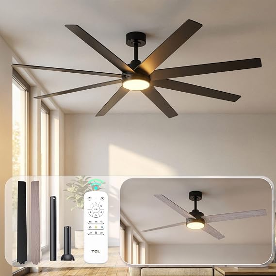 TCL 72 Inch Large Black Ceiling Fans with Lights and Remote