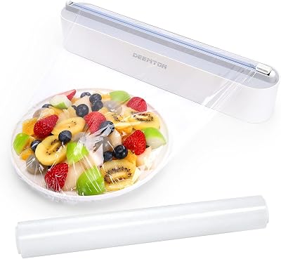 Plastic Wrap Dispenser with Cutter,Plastic Food Wrap Dispenser with Slide Cutter Refillable Cling Film Dispenser with 250 of Professional BPA Free Cling Film.