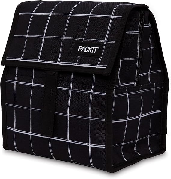 PackIt Freezable Lunch Bag, Black Grid, Built with EcoFreeze Technology, Foldable, Reusable, Zip and Fold Closure with Buckle Handle, Designed for Work Lunches and Fresh Lunch On the Go