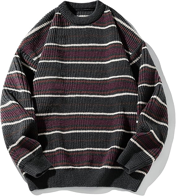 American Retro Patchwork Striped Warm Pullover, Lazy Style Long Sleeved top, Round Neck Loose Men's Knitted Jacket