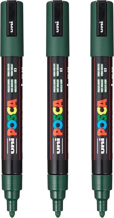 posca PC-5M Water-Based Paint Markers, Reversible Medium Tip (1.8-2.5mm), English Green, 3 Count