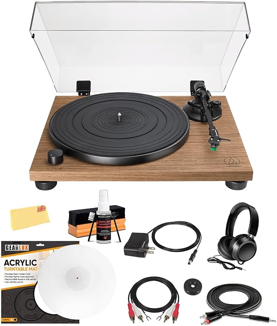Audio-Technica AT-LPW40WN Fully Manual Belt-Drive Turntable - Walnut Bundle with Headphones, Cable, Slip Mat, Cleaning Kit, and Austin Bazaar Polishing Cloth