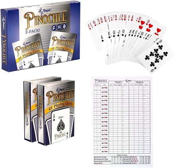 Regal Games Pinochle Playing Cards 2 Pack - Adult Card Game Set with Score Sheets & 2 Deck of Pinochle Cards - Family Fun Game Night - Ideal for 2-4 Person