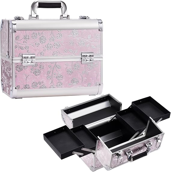 Professional Vanity Case Large Makeup Box Lockable Makeup Case Beauty Organiser Cosmetic Make Up Organiser Box 4 Trays with Keys