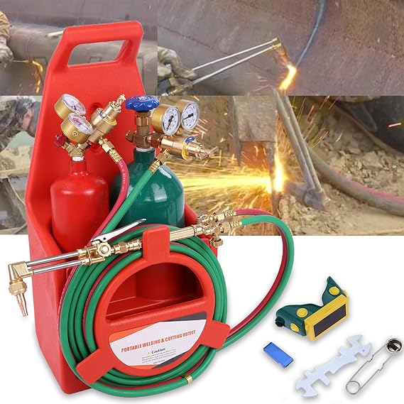 Oxy Acetylene Torch Kit, Portable Welding Cutting Torch Kit with Acetylene Brazing Soldering Gas Cylinders, Long Pipe Brass Nozzle Welding Torch Kit with Gauge Oxygen Acetylene