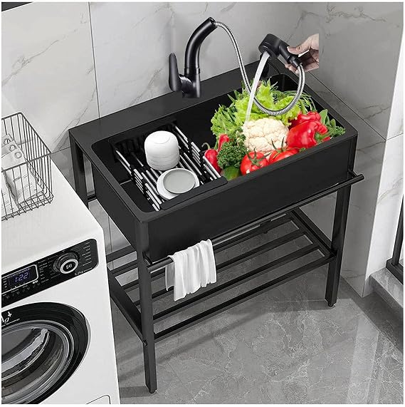 Kitchen Sink Freestanding Camping Sink Single Sink Washing Vegetables for Home Stainless Steel Sink with Pull-Out Tap, Barthroom Sink with Retractable Dish Drainer