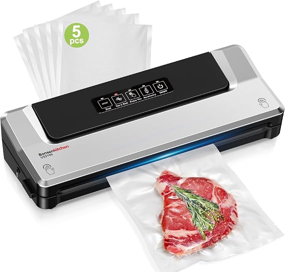 Bonsenkitchen Vacuum Sealer Machine, Fast-Compact Food Sealer, Multi-Functional Food Vacuum Sealer with 5 Vacuum Bags & Accessory Hose, Technology for High-Speed Continuous Working, Silver